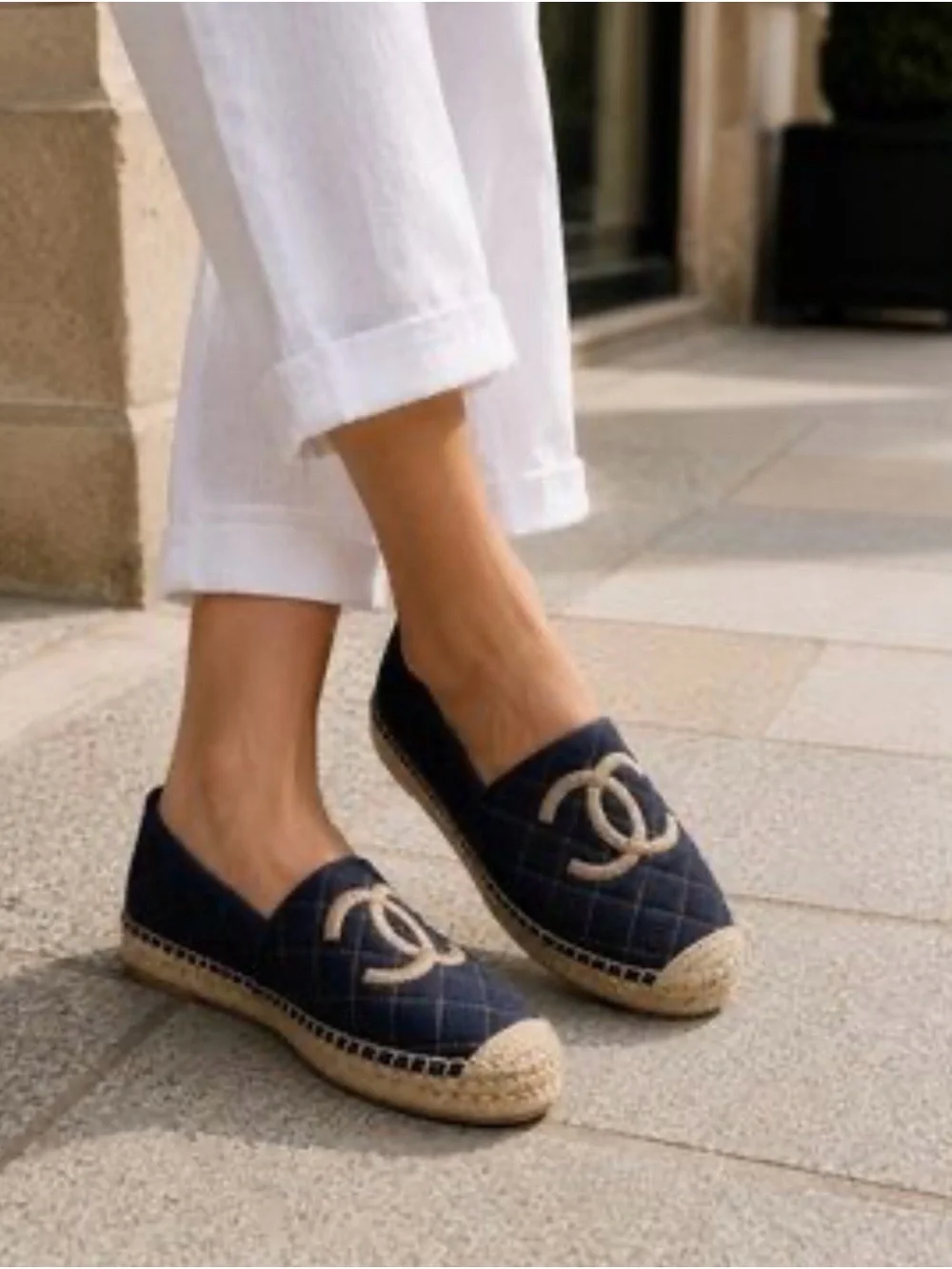CHANEL Navy Quilted Espadrilles with Beige CC Logo